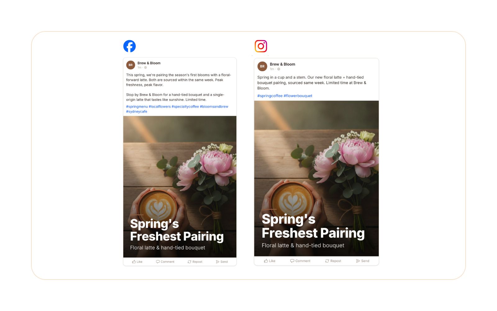 A finished social post inside Bingfa — draft, hashtags, and quality score, ready to publish.