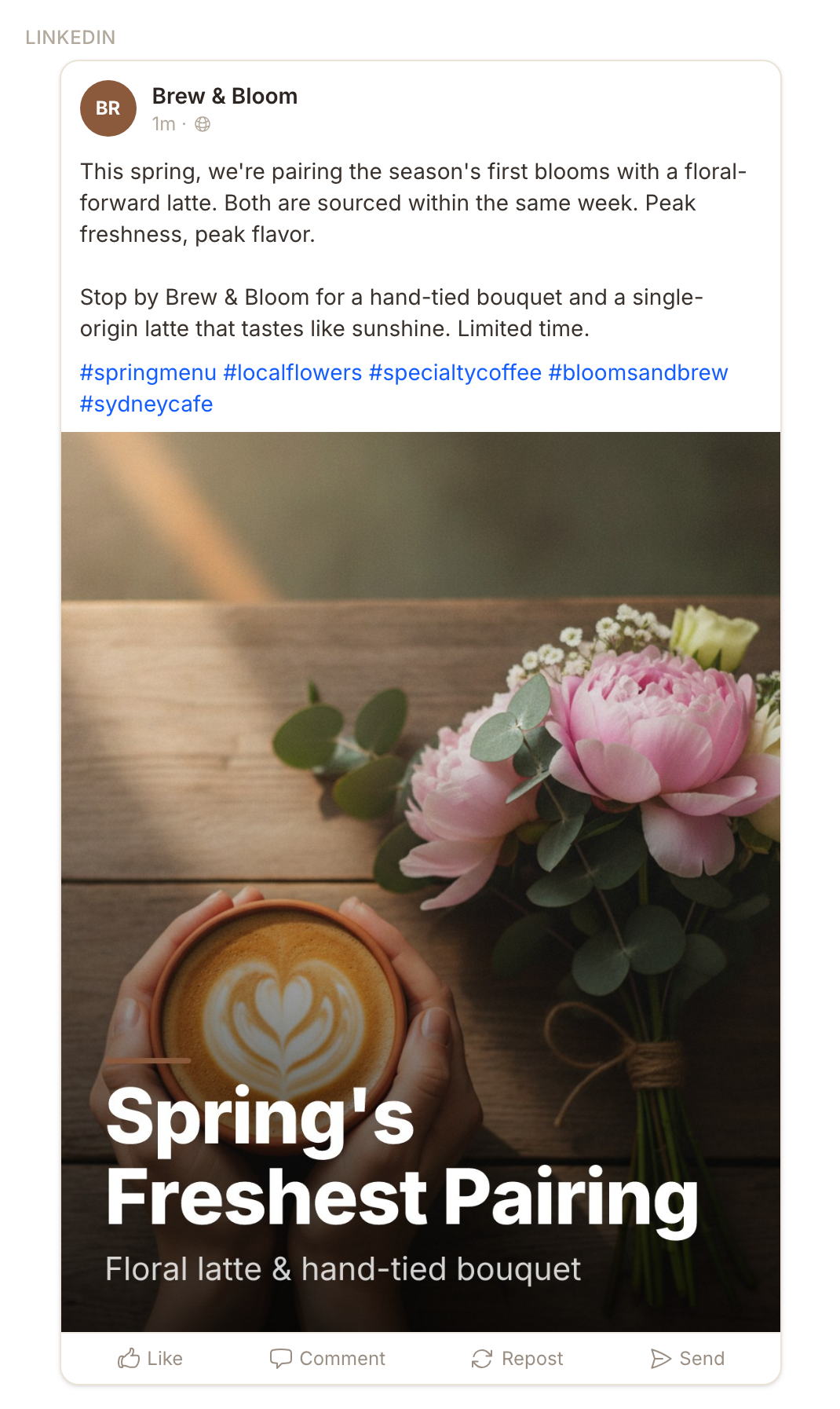 A finished social post inside Bingfa — draft, hashtags, and per-paragraph Humanizer score, ready to publish.